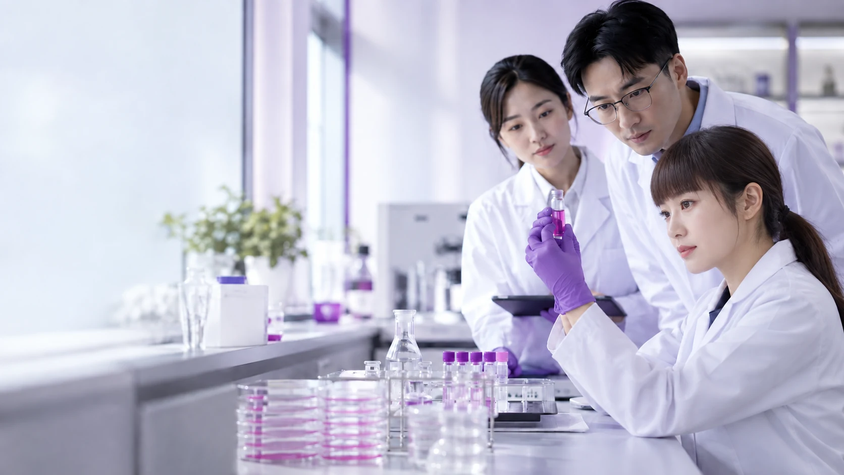 East asian technical team reviewing samples — project illustration