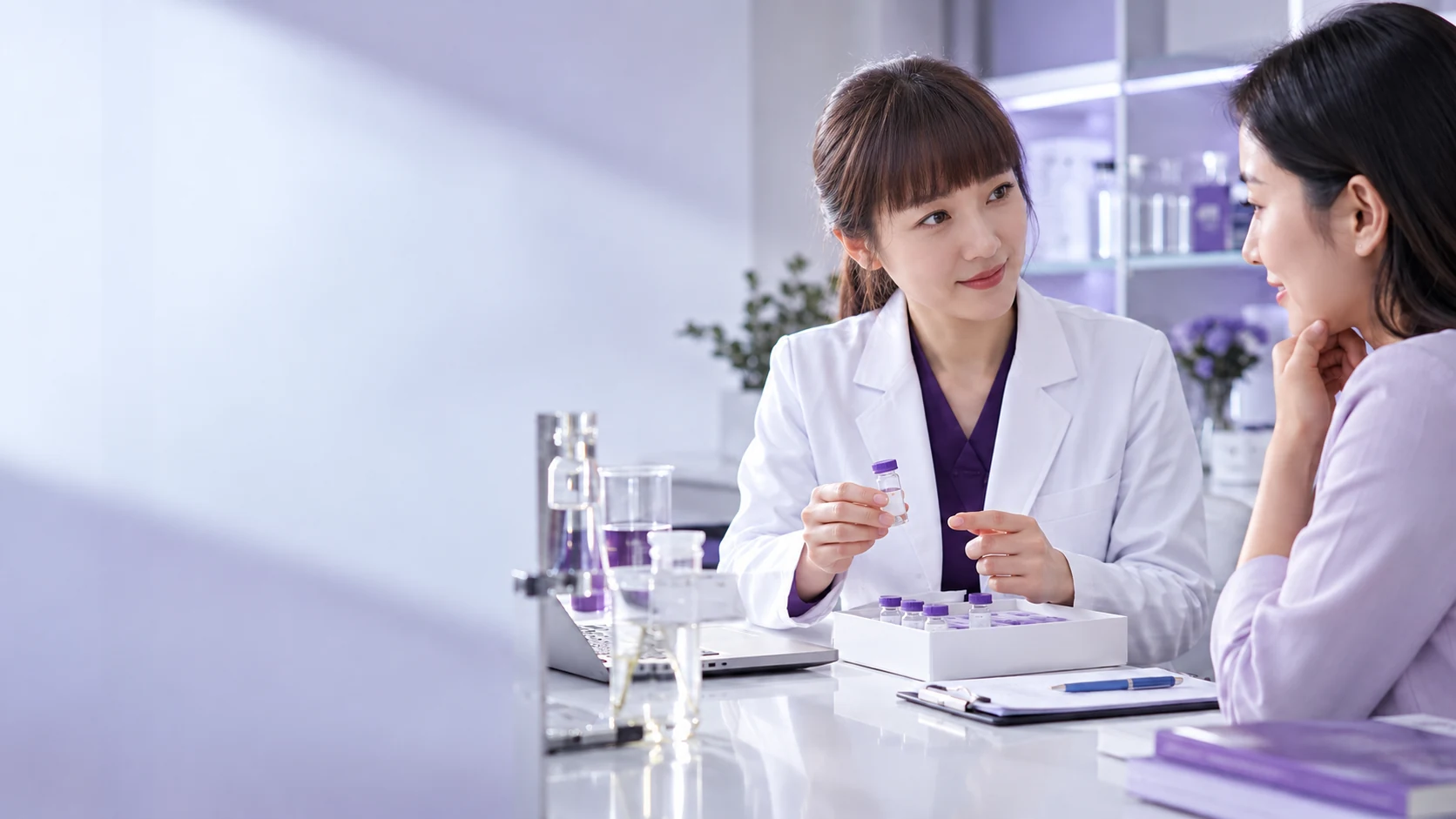 Technical enquiry desk with vial sampling kit — project illustration