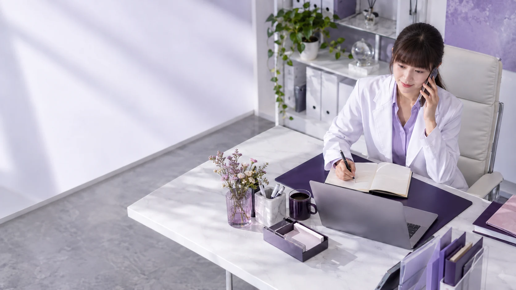 East asian sourcing professional at clean desk — project illustration