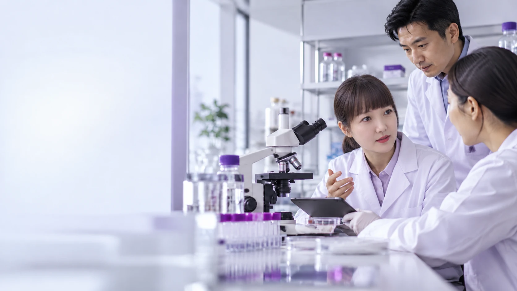 Technical consultation with east asian laboratory specialists — project illustration