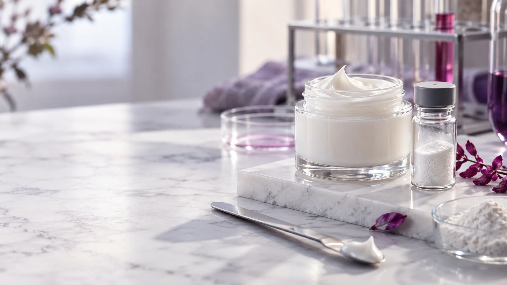 White skincare cream and ingredient vial at a formulation bench — project illustration