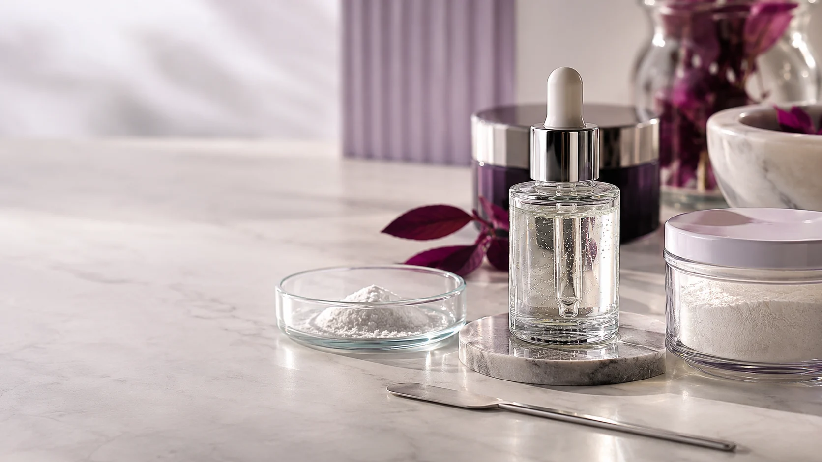 A transparent serum sample beside cosmetic ingredient jars — project illustration
