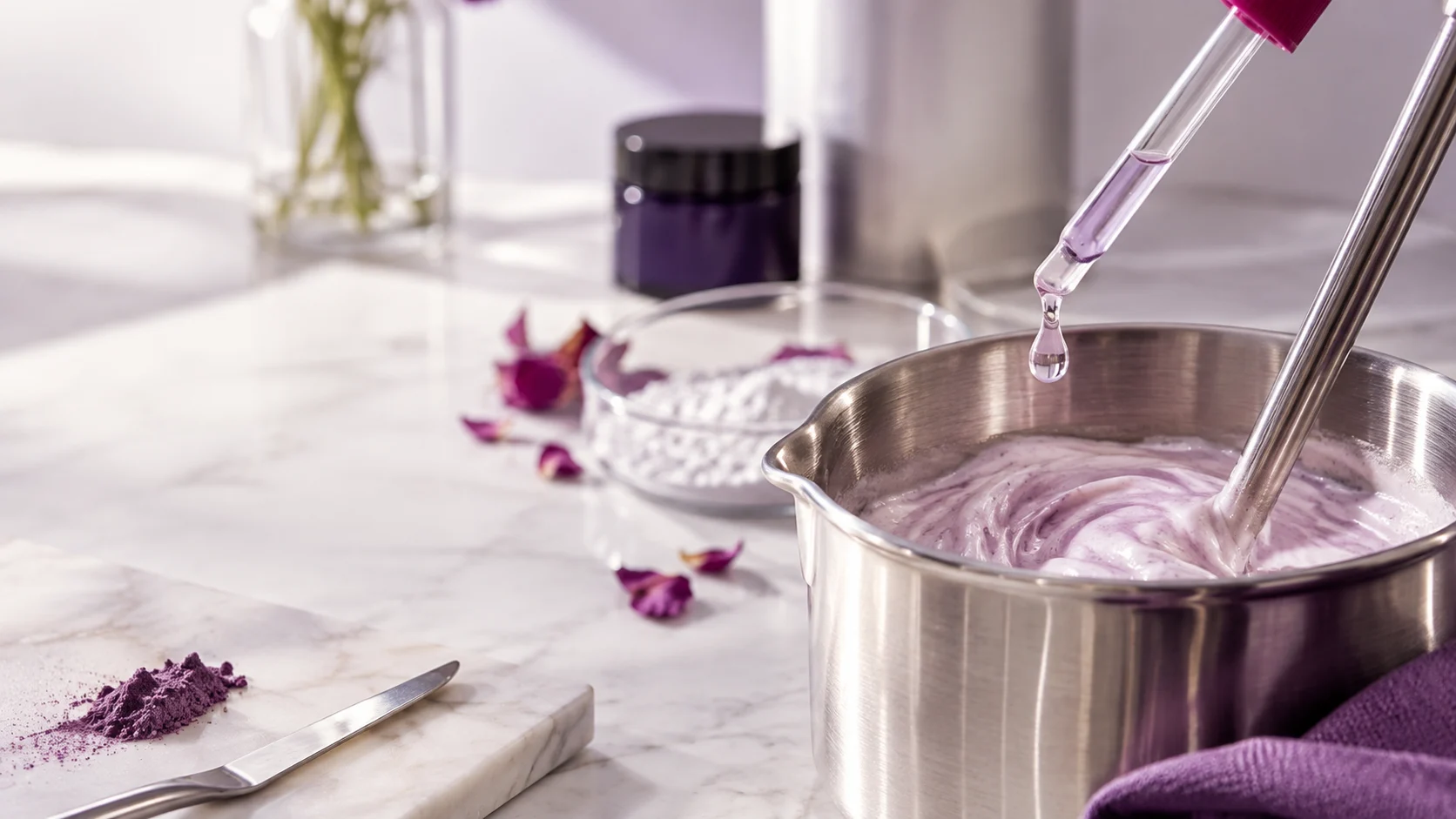 A cosmetic mixing vessel and precision pipette — project illustration