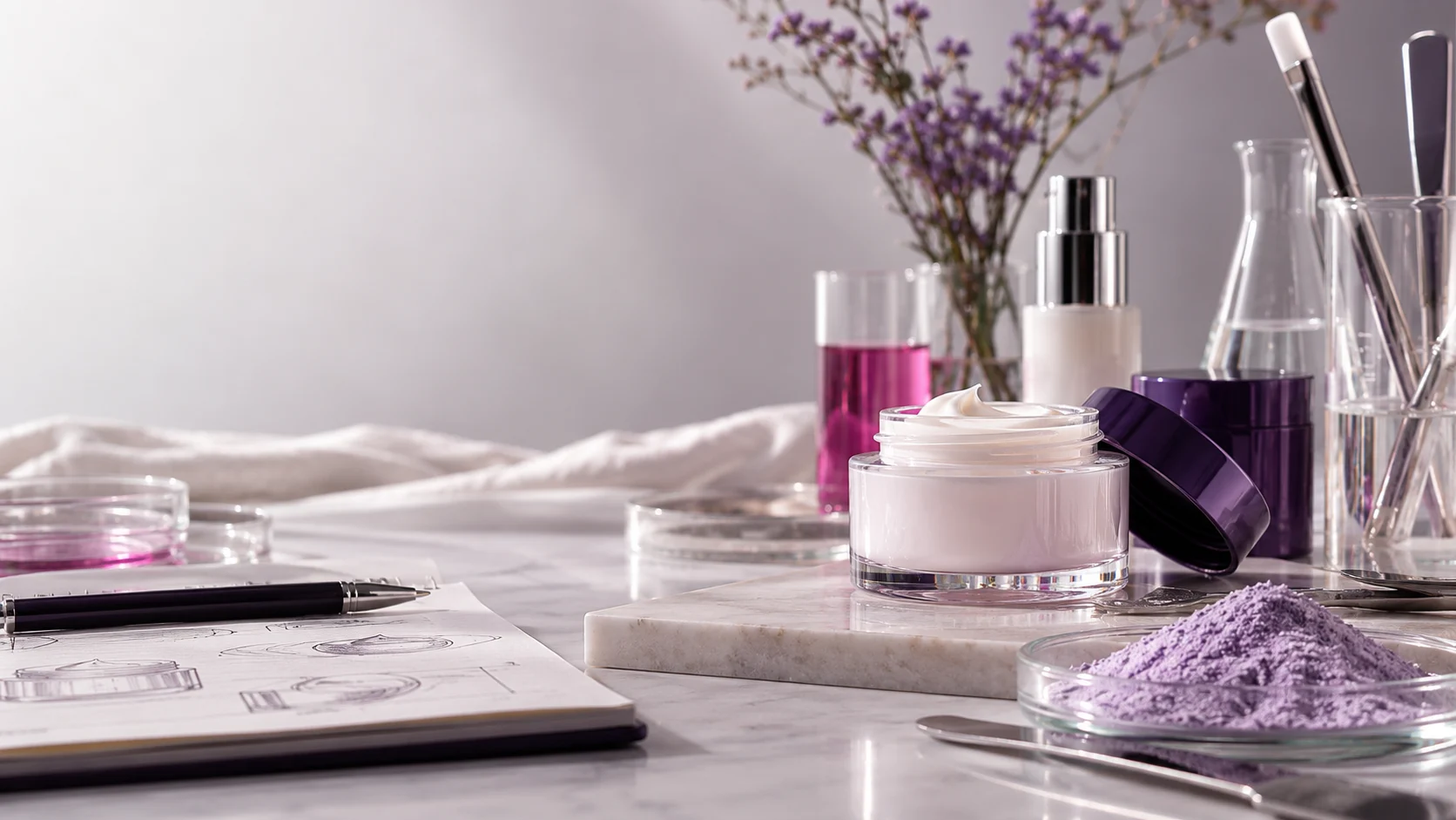 A neutral cosmetic packaging development table — project illustration