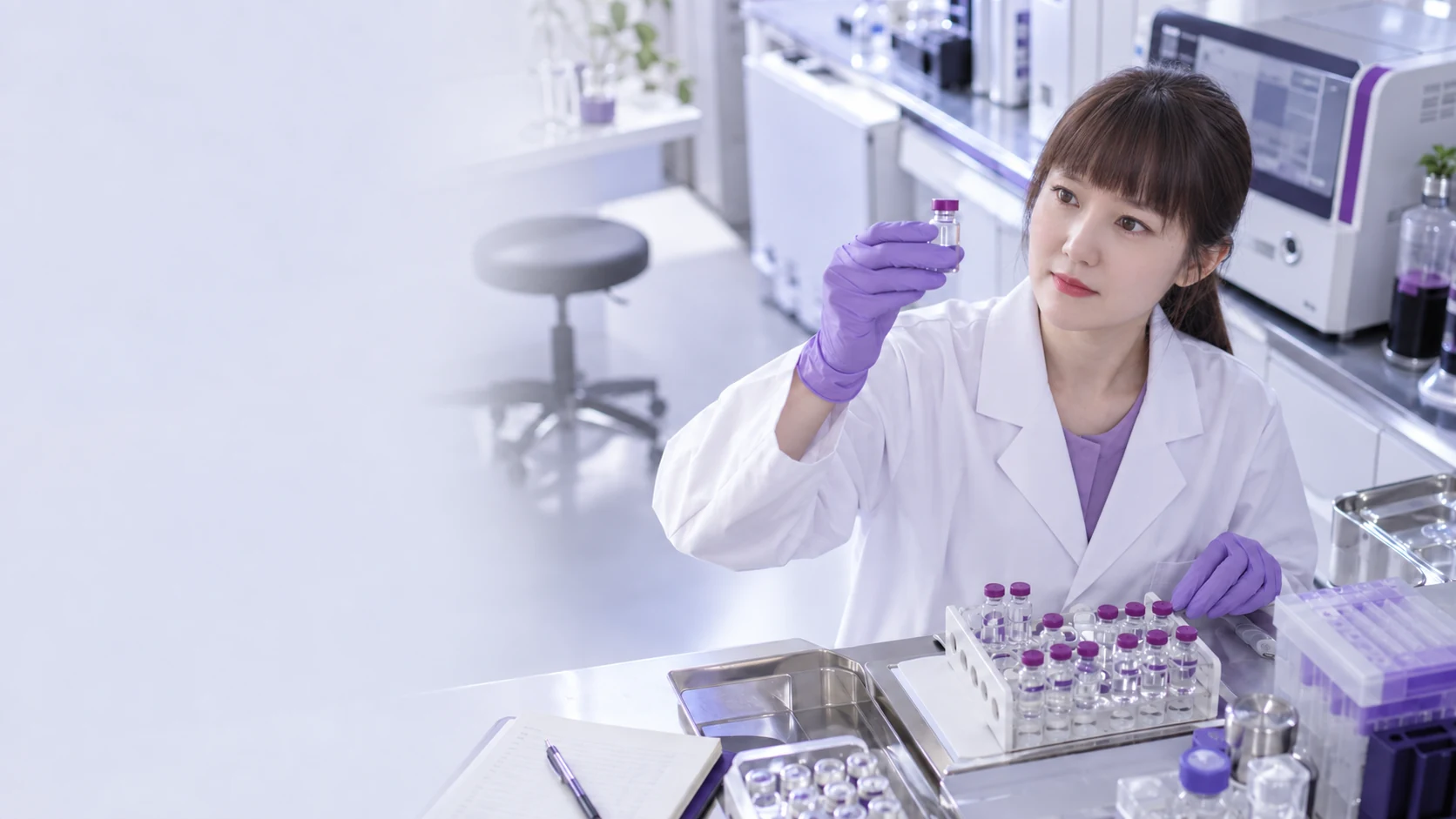 East asian scientist with sealed peptide samples — project illustration