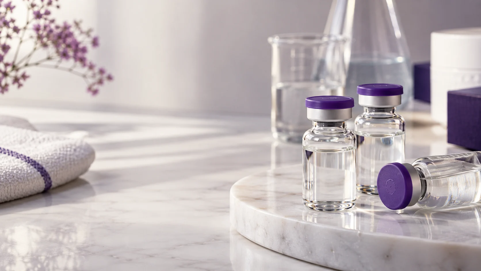 Clear sealed liquid vials with purple caps — project illustration