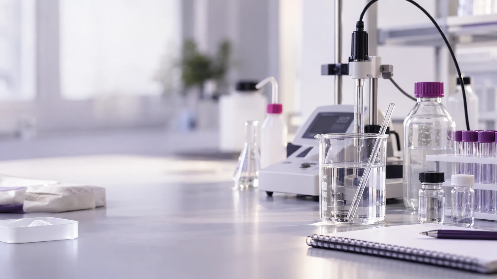 A water sample testing bench with laboratory instruments — project illustration