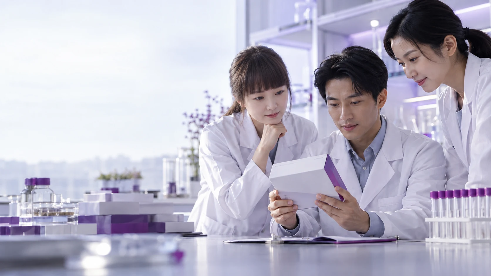East asian business technical team with closed sample kit — project illustration