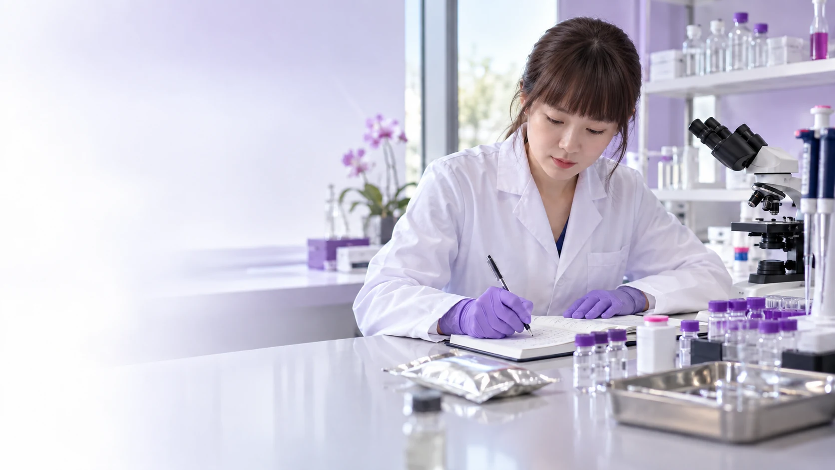 Synthesis notebook beside peptide samples — project illustration