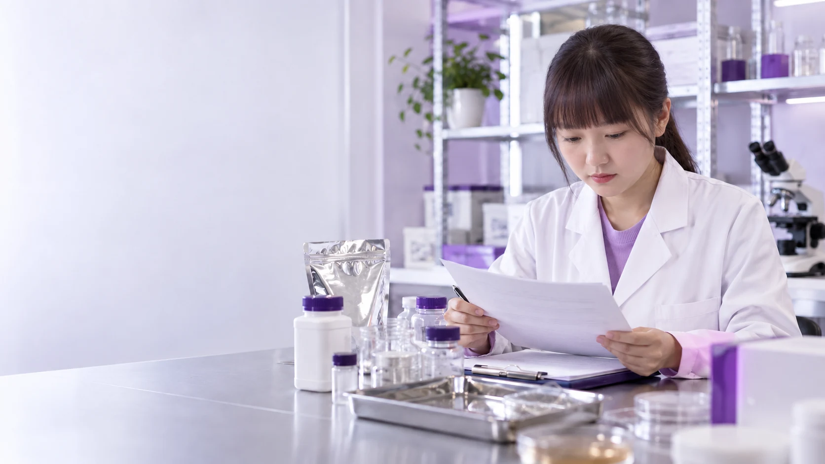 East asian sourcing specialist reviewing material documentation — project illustration