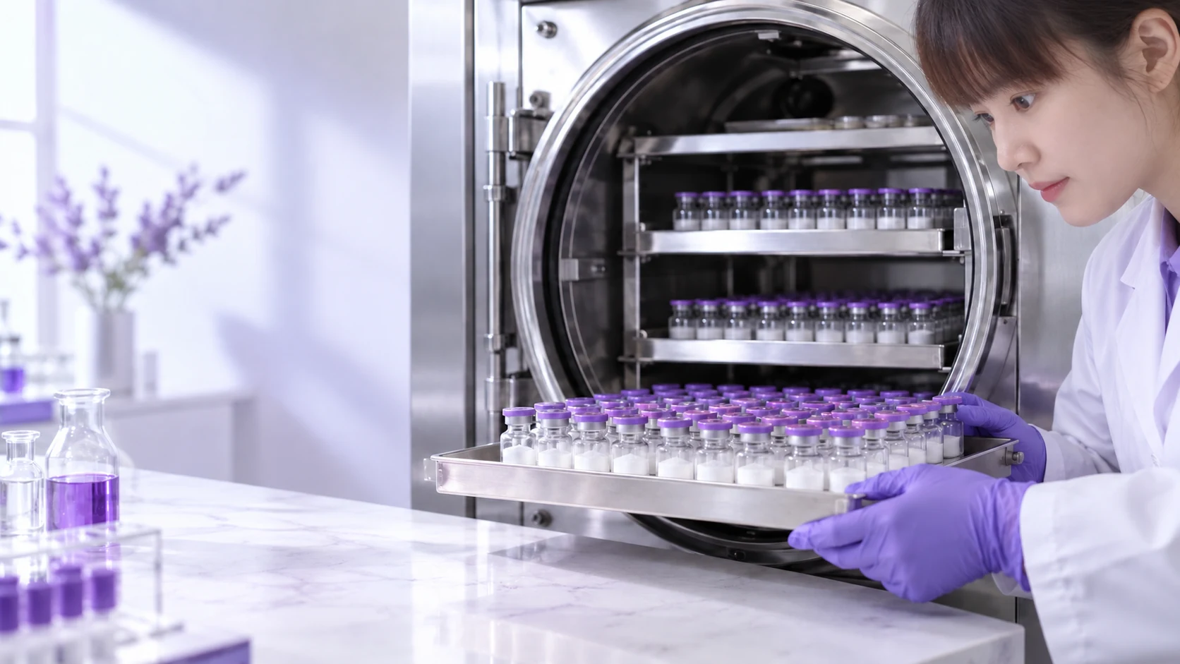 Freeze drying tray of sealed vial samples — project illustration