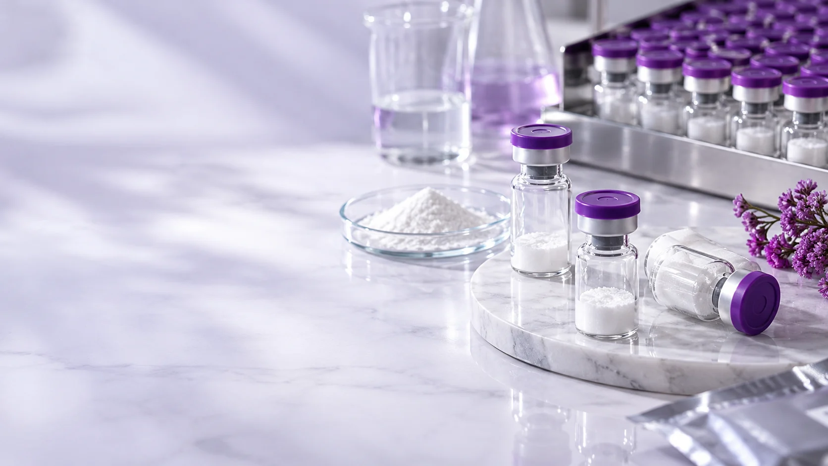 Purple-cap powder vial still life — project illustration