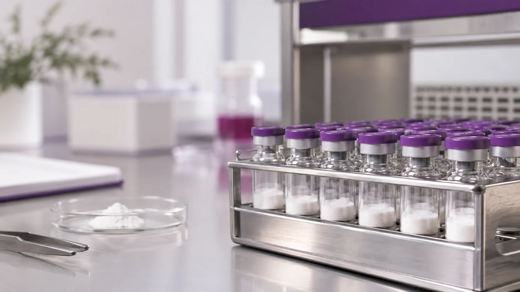 Purple cap lyophilized glass vials in a steel rack — project illustration