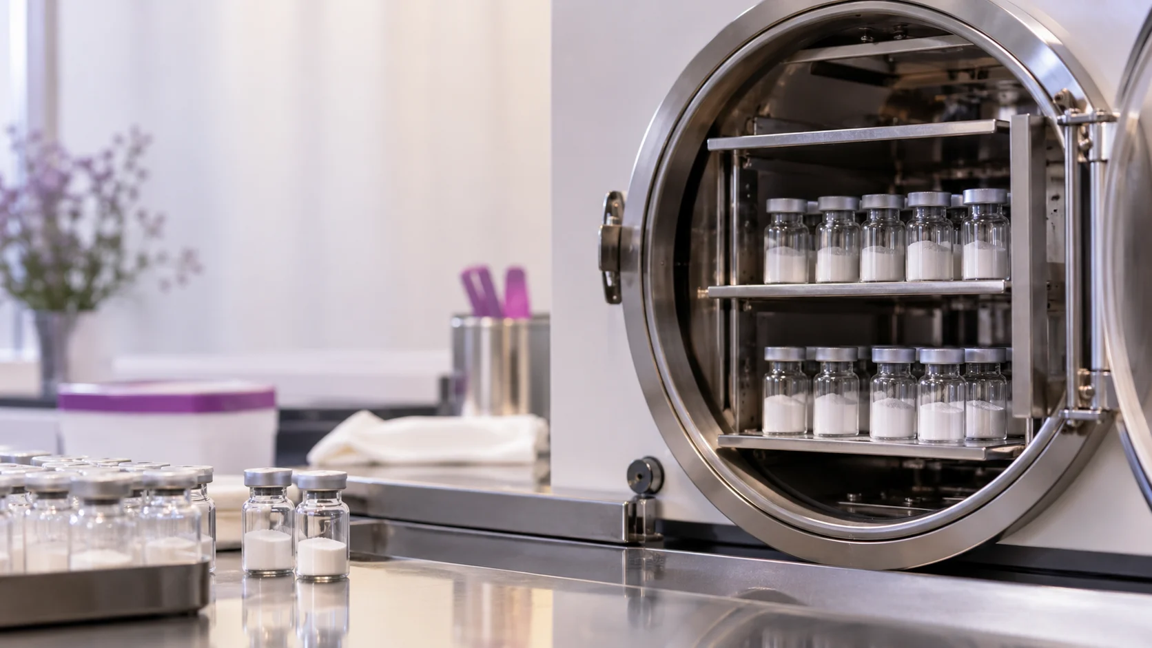 A freeze drying chamber with closed glass vials — project illustration