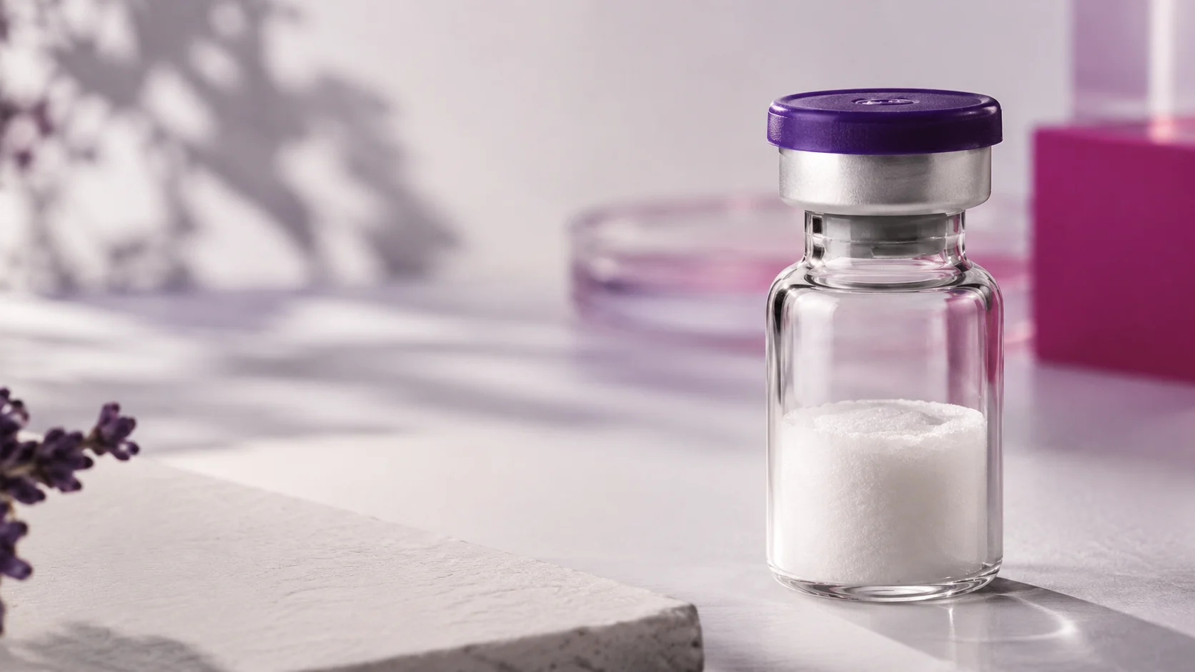 White powder cake in a sealed glass vial macro view — project illustration