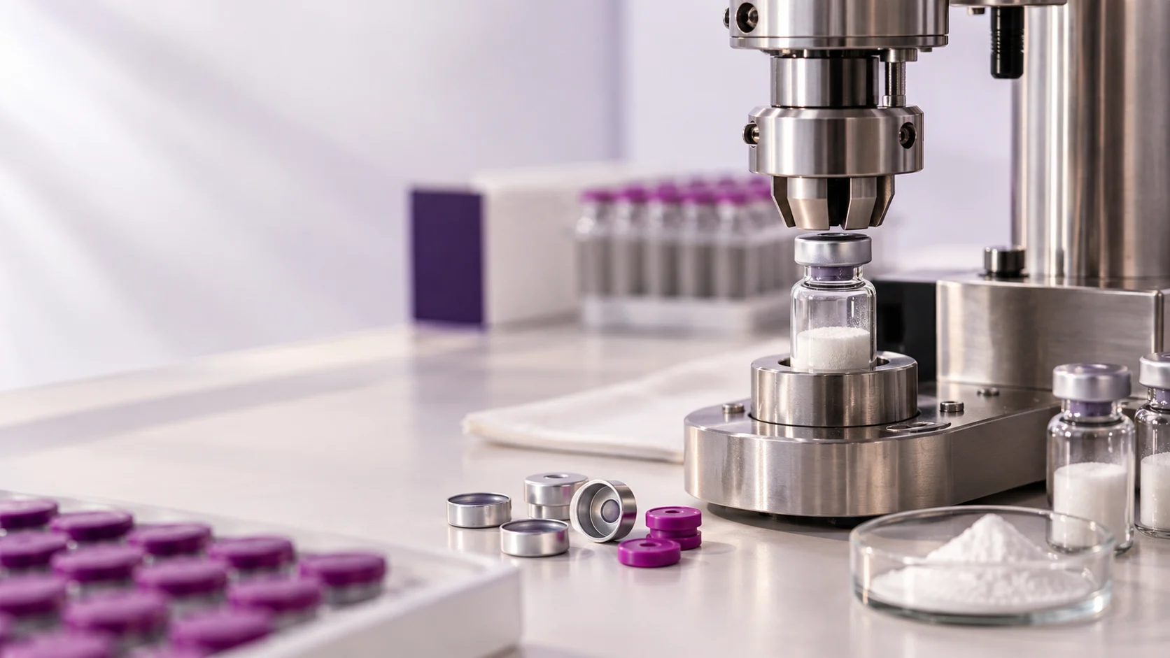 Vial crimping equipment with stainless steel tooling — project illustration