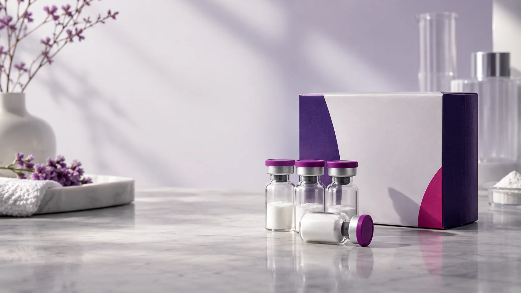 Custom purple and white carton beside capped powder vials — project illustration
