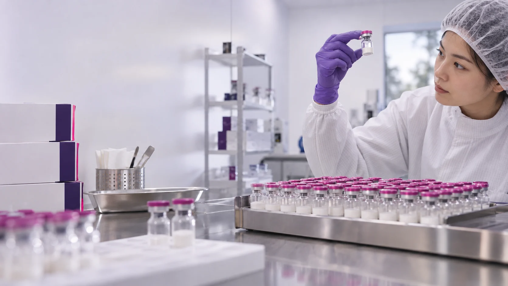 A packaging inspection bench for lyophilized vial formats — project illustration