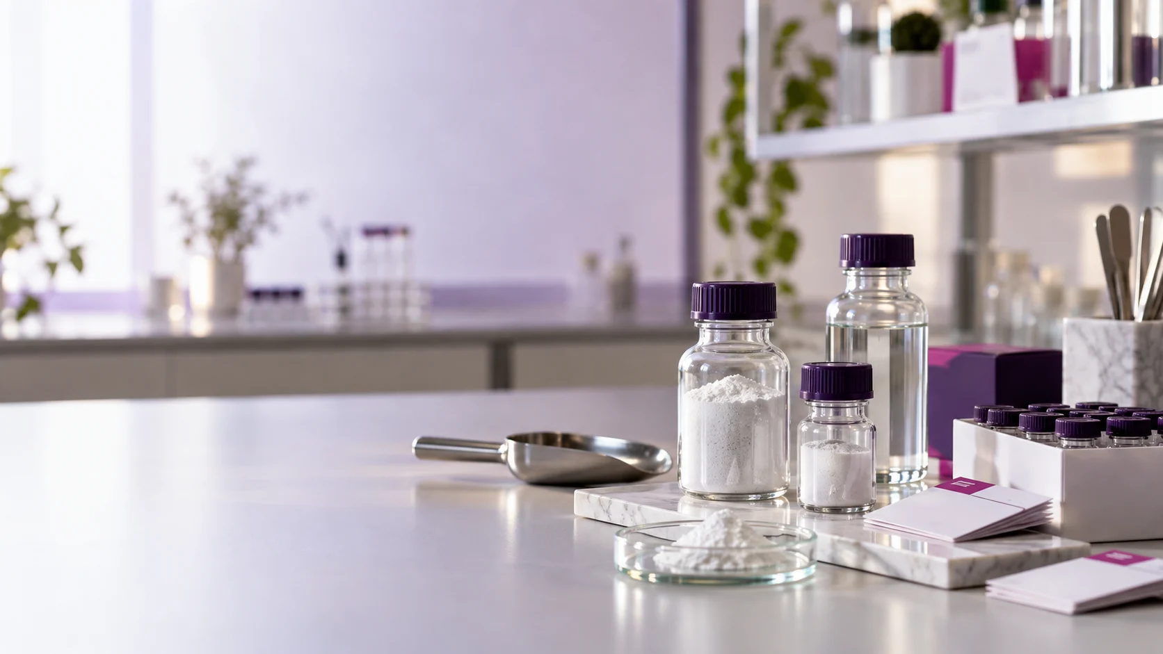 An organized peptide sourcing bench with glass bottles and material identification cards — project illustration