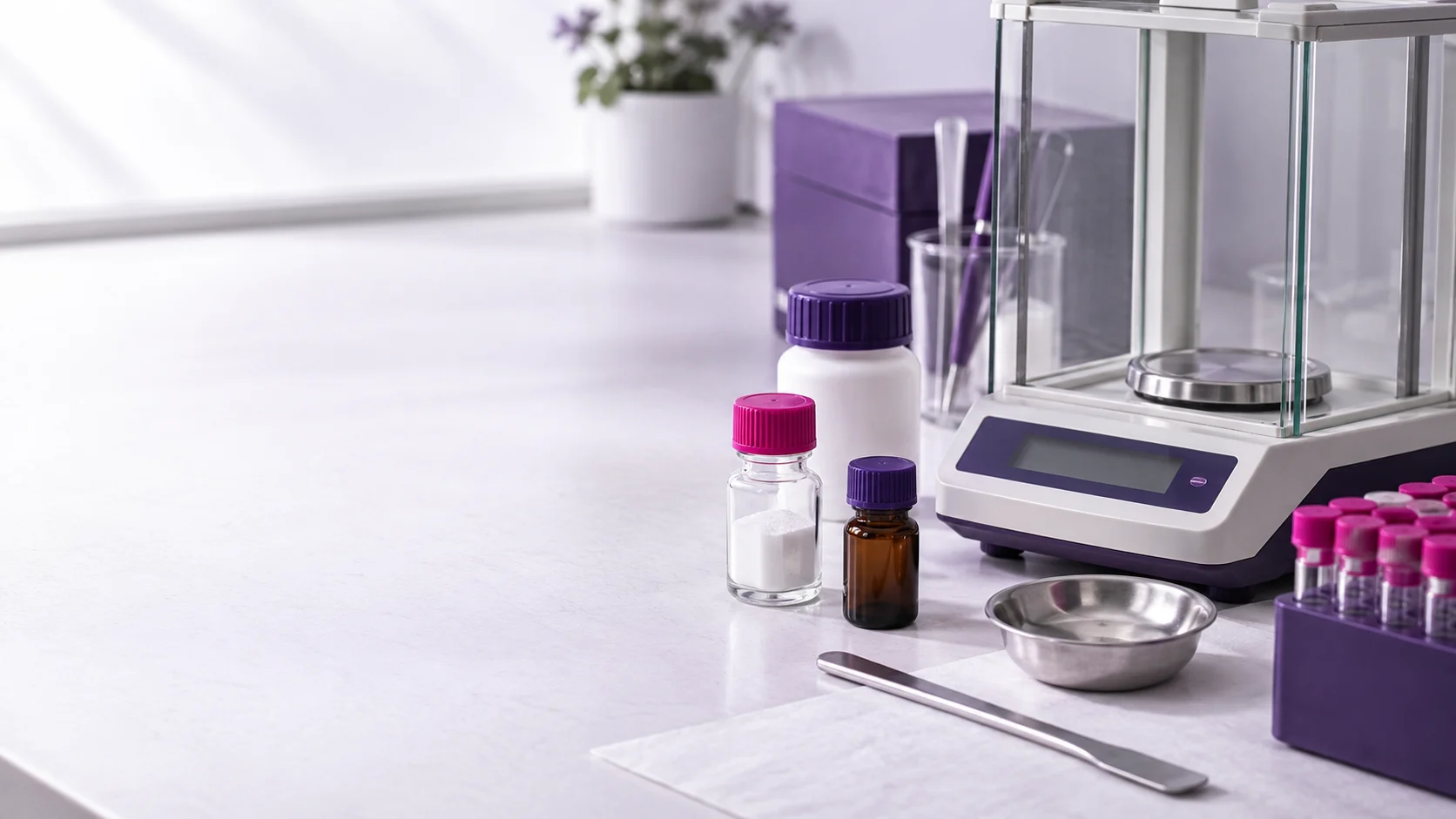 Closed reagent containers beside an analytical weighing station — project illustration