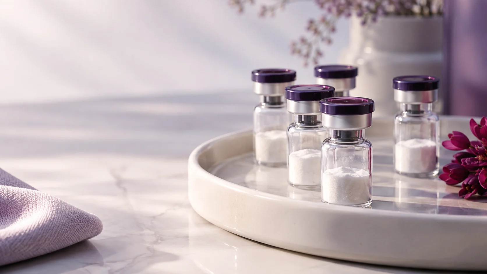Lyophilized sample vials on a clean ceramic tray — project illustration