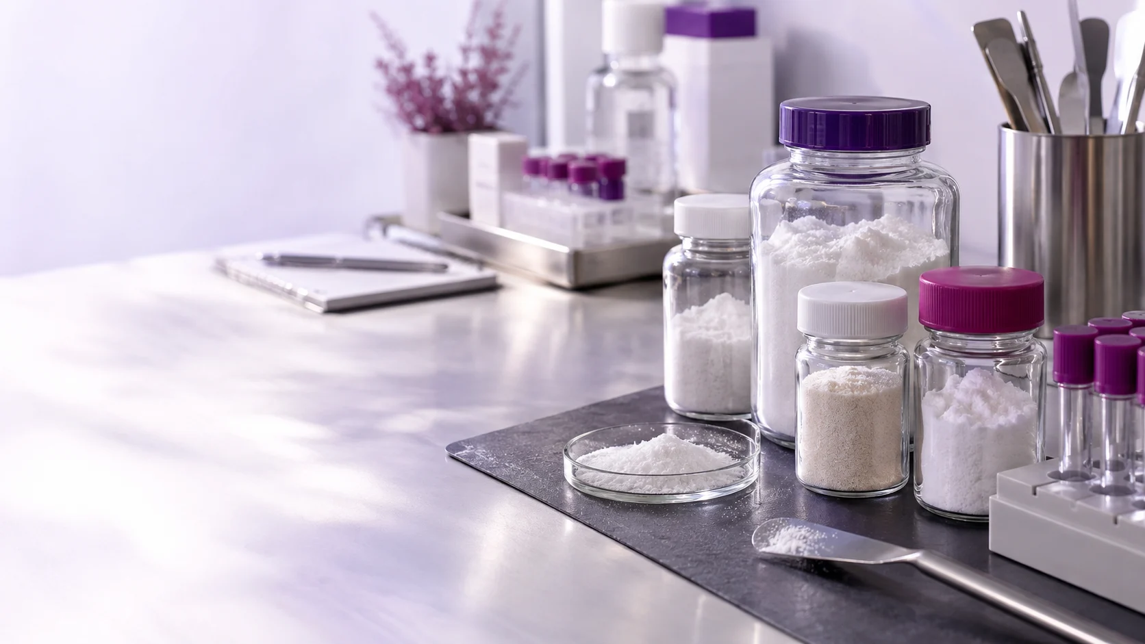 Protected amino acid jars at a synthesis workstation — project illustration