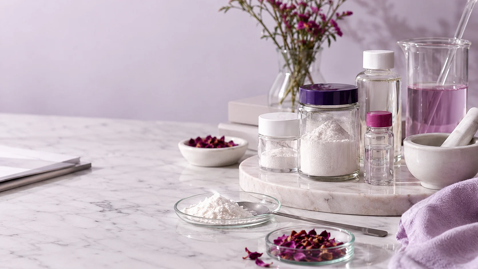 Cosmetic ingredient sample bottles and formulation tools — project illustration