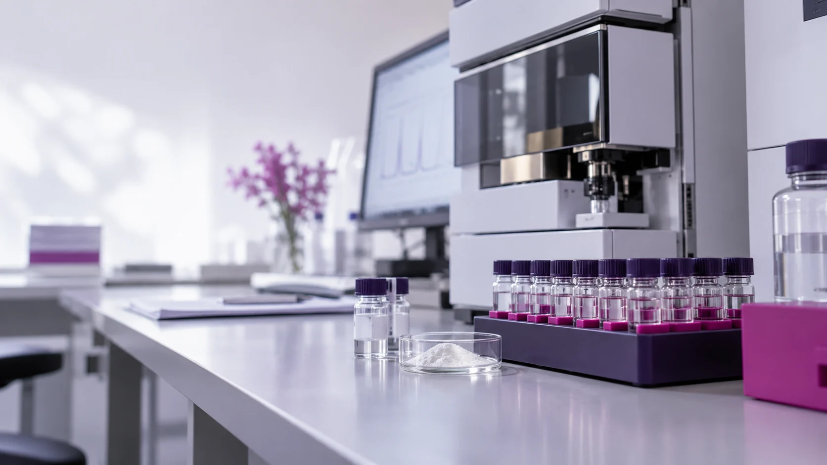 Qc sampling rack beside chromatographic equipment — project illustration