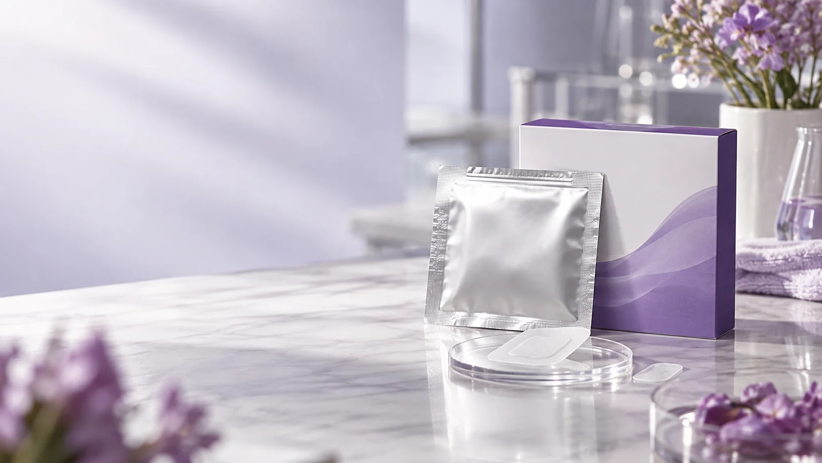 Foil sachet and purple white carton — project illustration