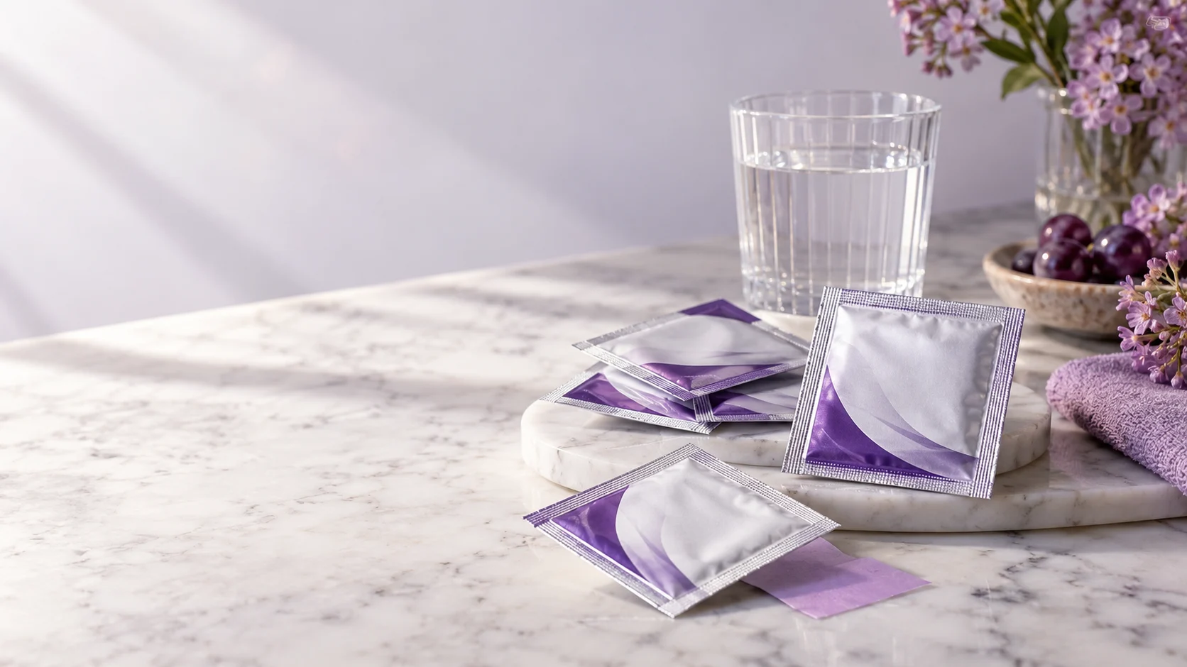 Individual purple-accent film sachets — project illustration