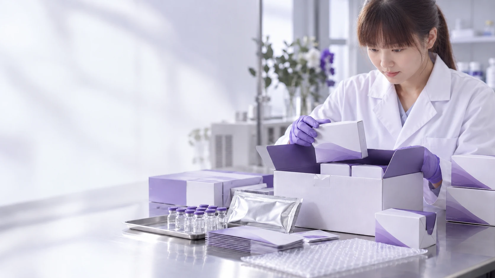 Purple-white carton development samples — project illustration