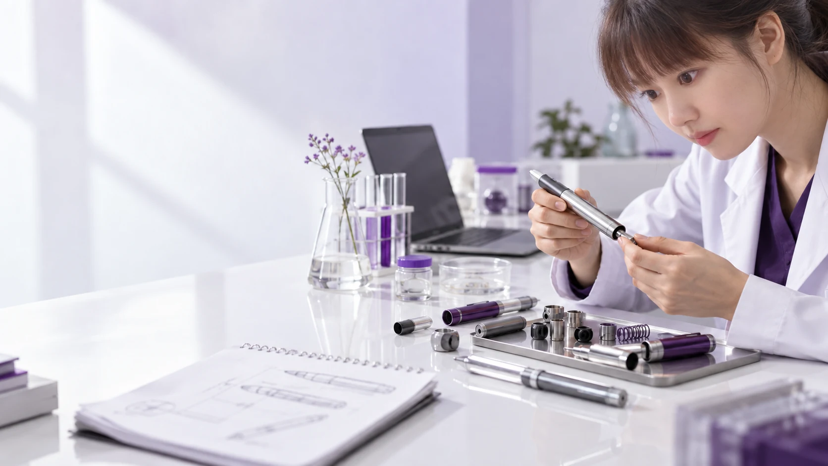 Mechanical pen components on worktable — project illustration