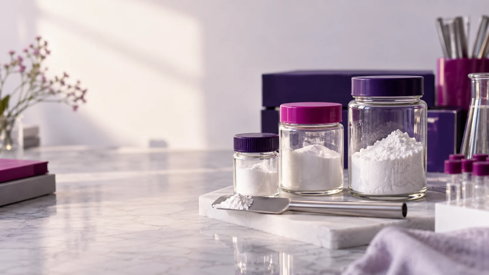 Protected amino acid jars with a stainless spatula — project illustration
