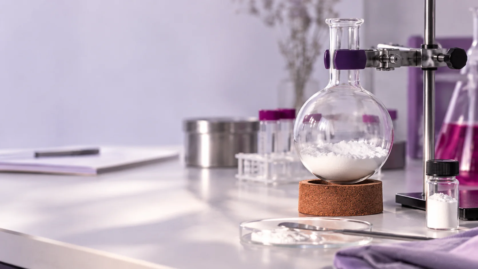 A dry chemistry synthesis flask on a laboratory bench — project illustration