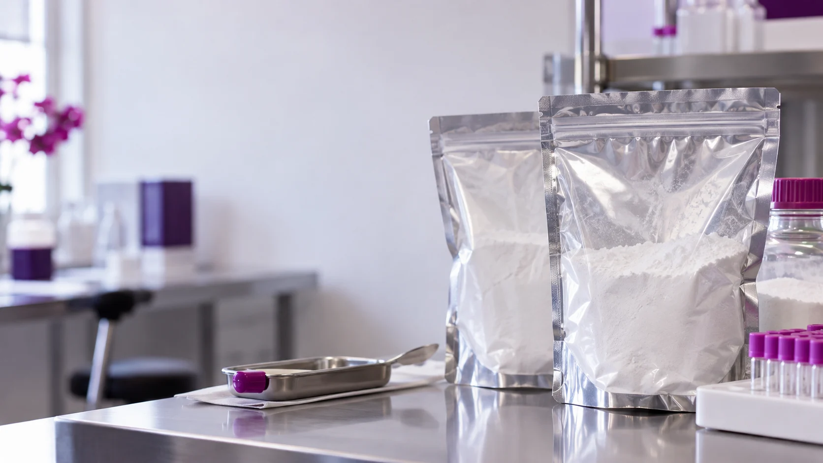 Sealed intermediate powder bags in a sampling room — project illustration