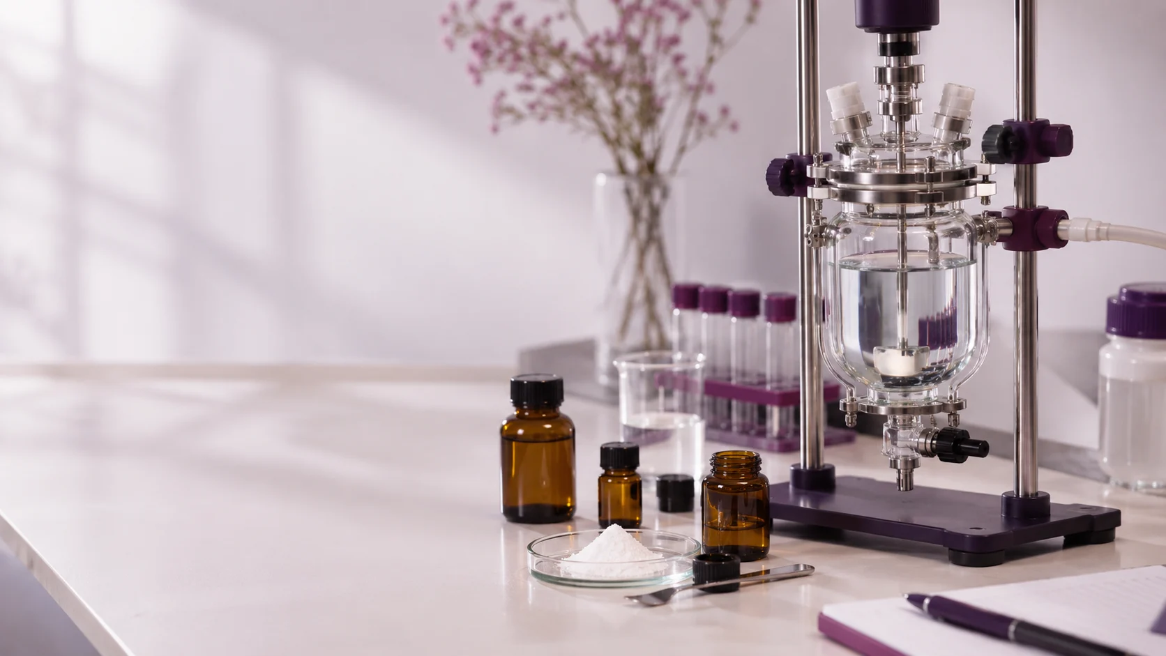 A small glass reactor and amber sample bottles — project illustration