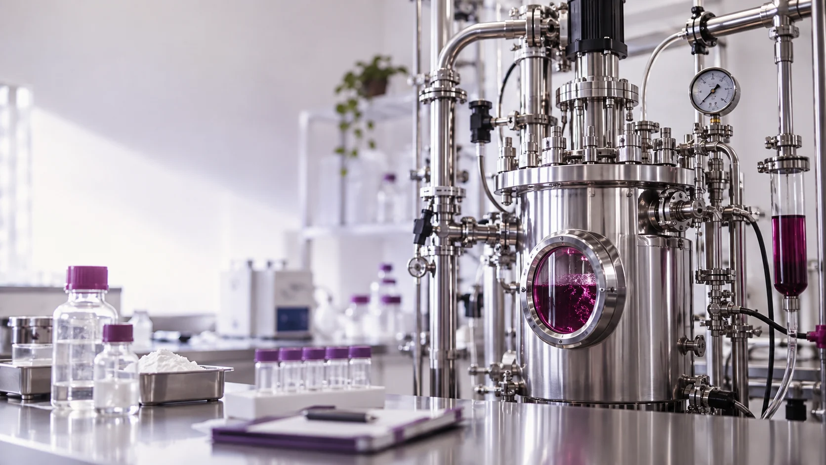 A peptide synthesis reactor with polished steel plumbing — project illustration