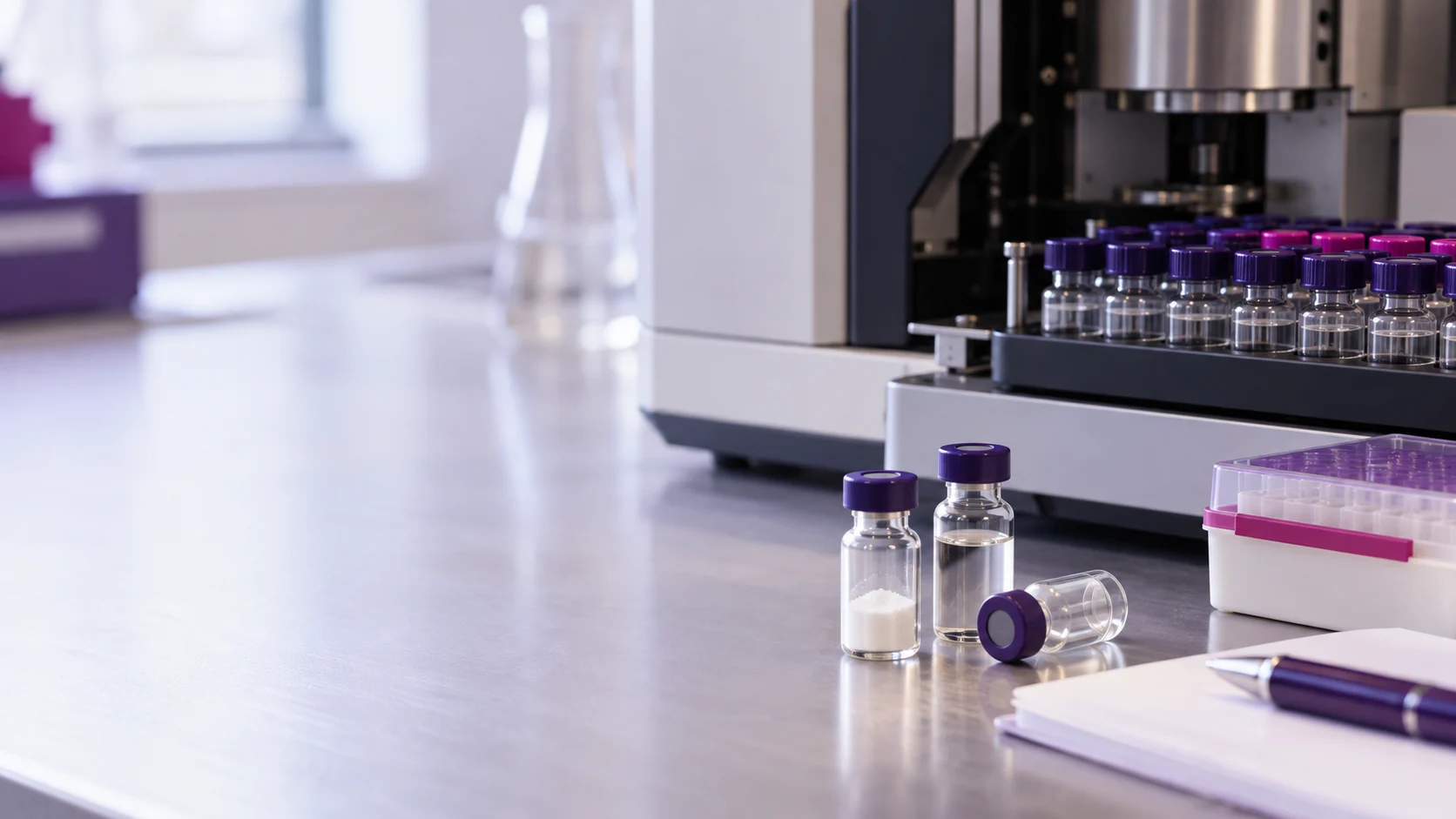 Research vials beside a mass spectrometry sample tray — project illustration
