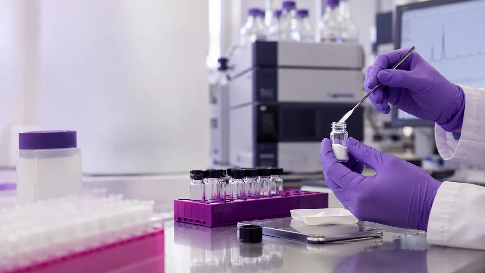 Technician gloved hands preparing a chromatography sample — project illustration
