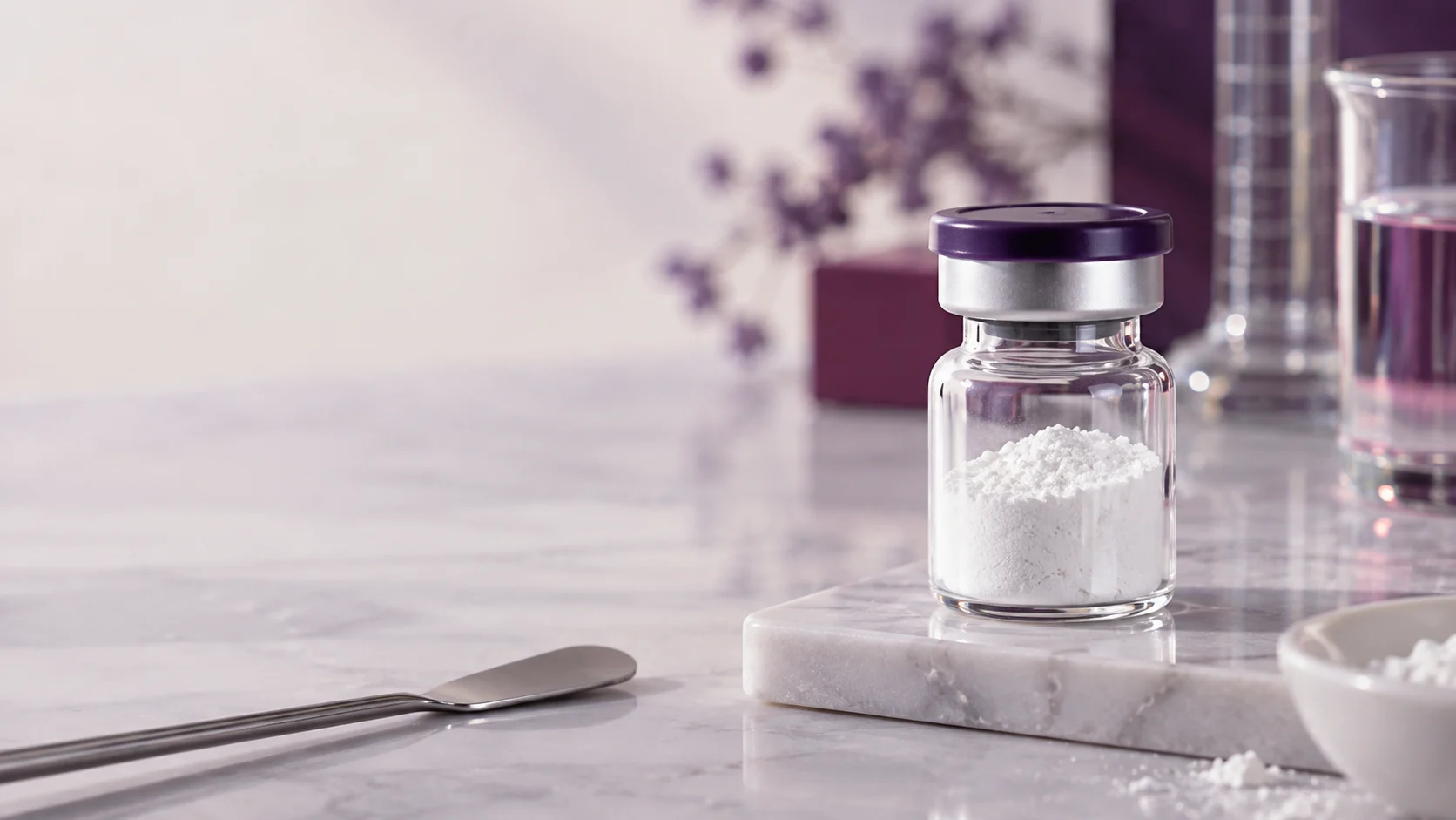 White peptide powder in a small sealed laboratory jar — project illustration