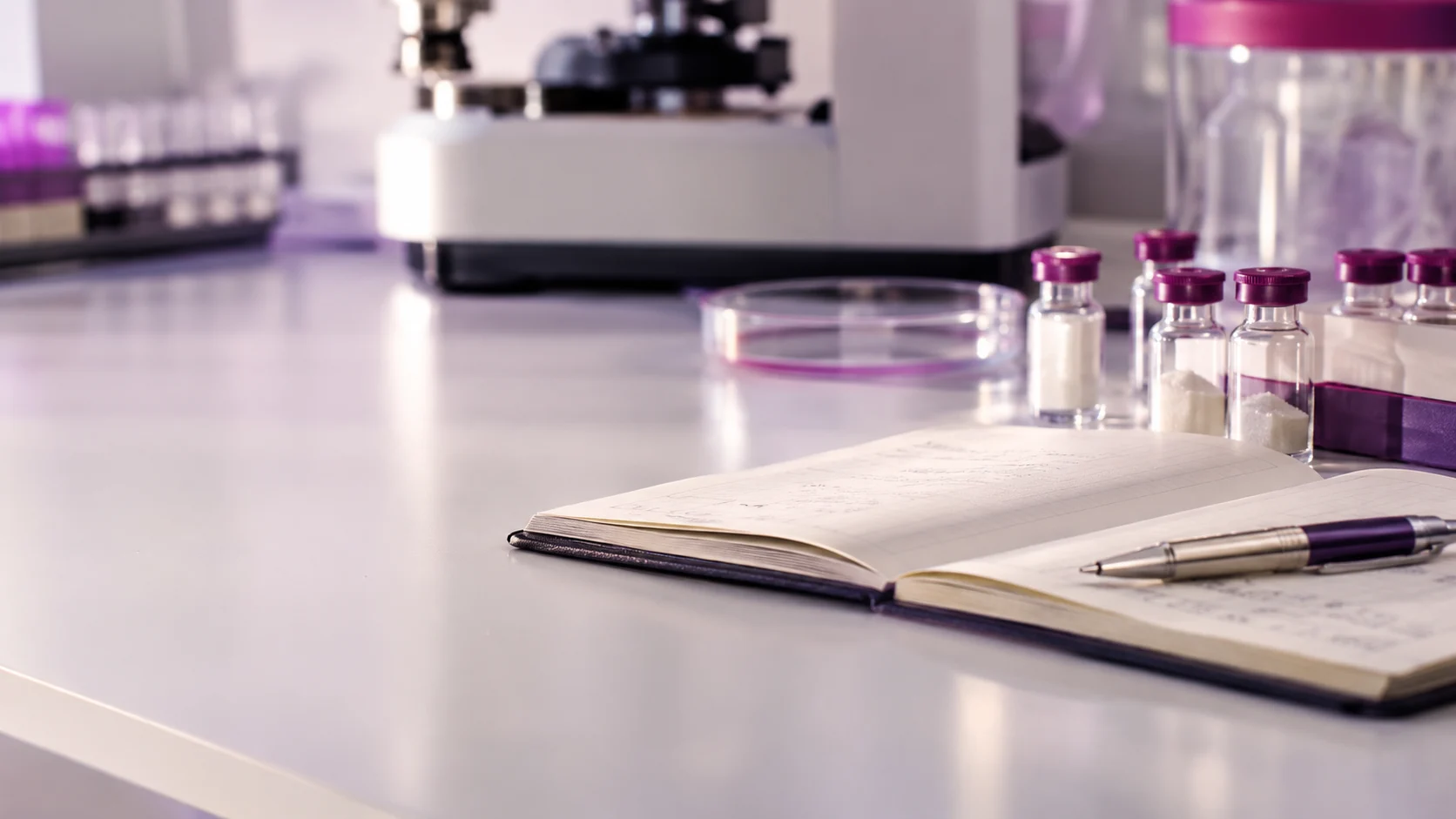 A clean synthesis notebook beside capped research vials — project illustration