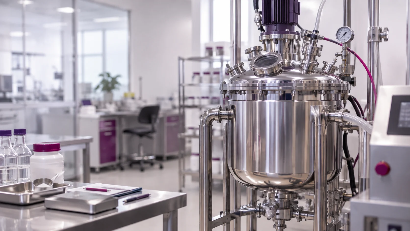 A pilot scale mixing vessel in a bright laboratory — project illustration