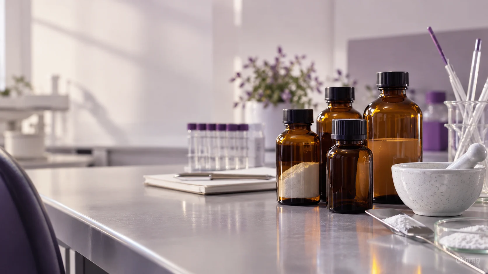 Amber coupling reagent bottles on a chemistry bench — project illustration