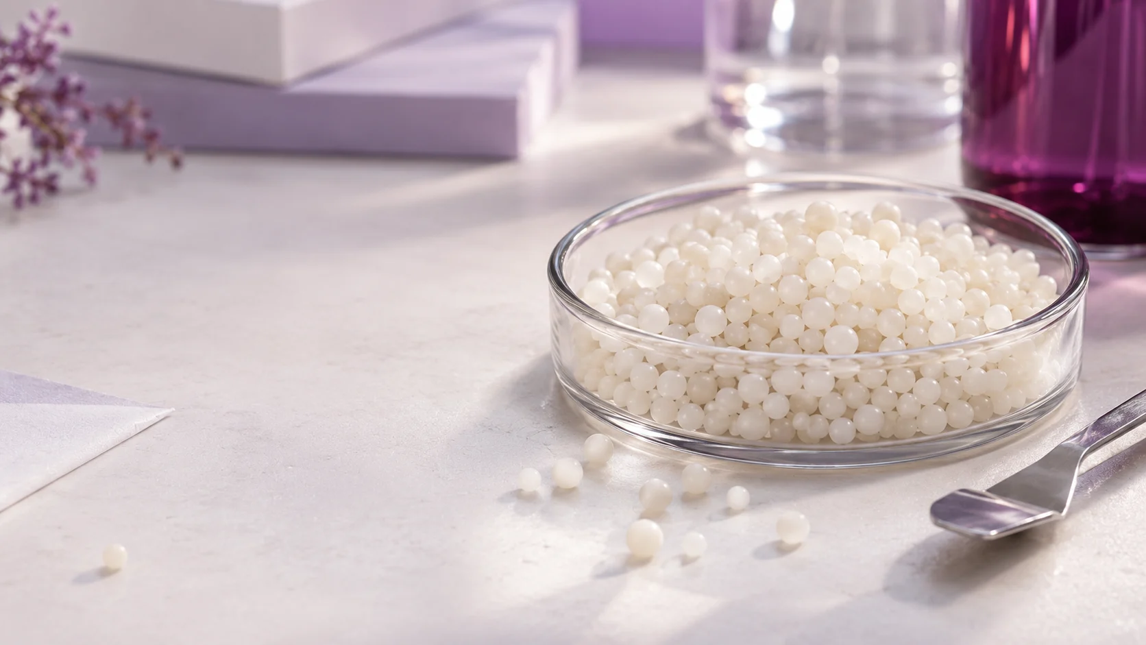 Resin beads inside a glass sample dish — project illustration