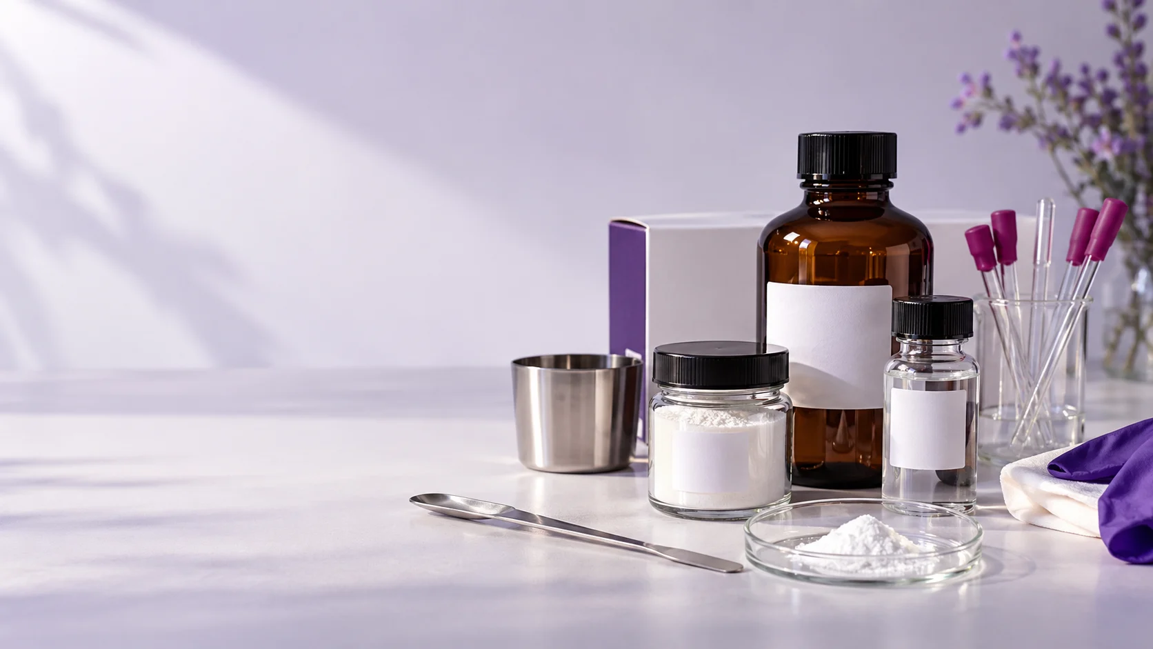Dry solvent reagent packaging without legible hazard claims — project illustration