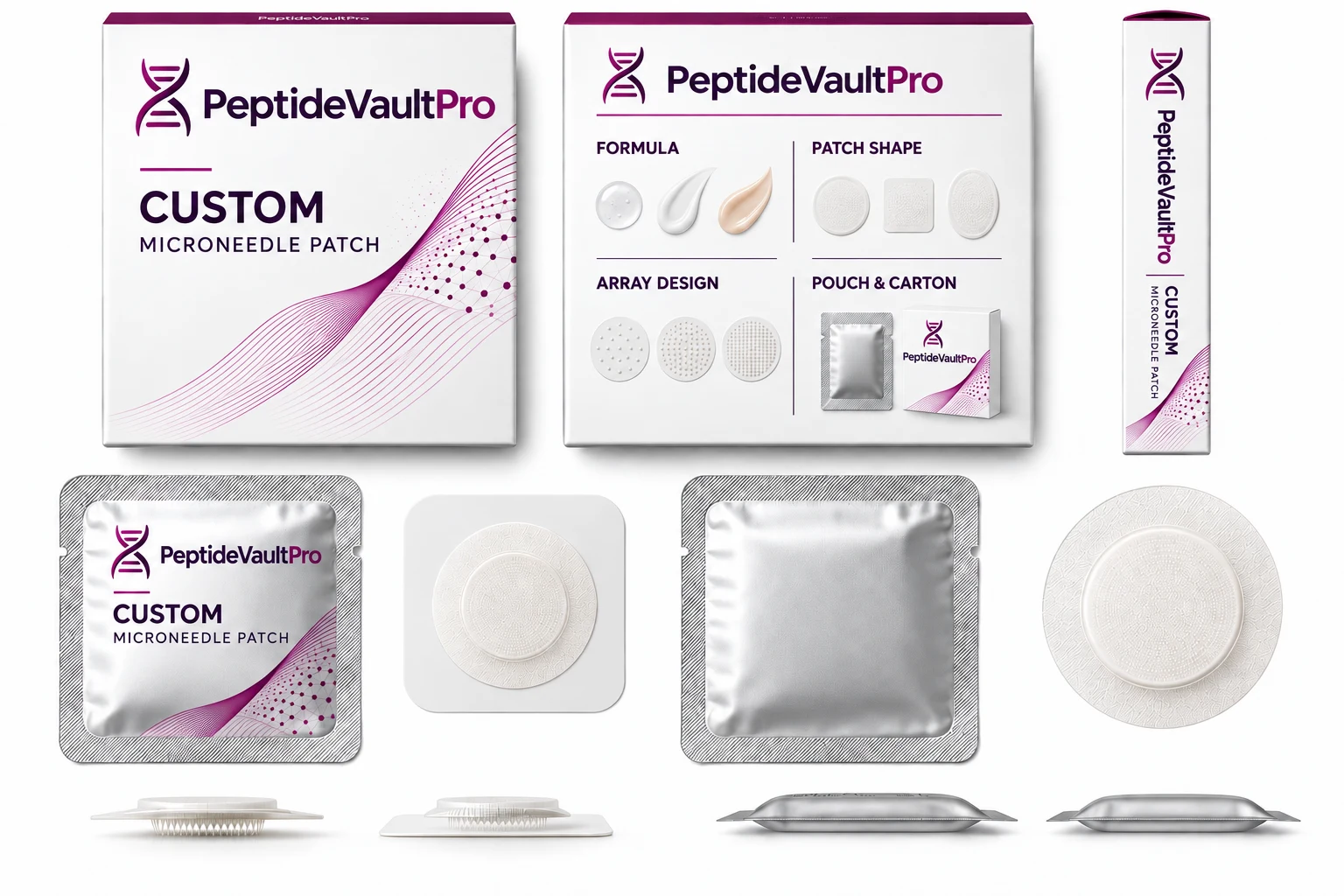 PeptideVaultPro Dissolving microneedle patches packaging concept; final product and artwork are project-specific.