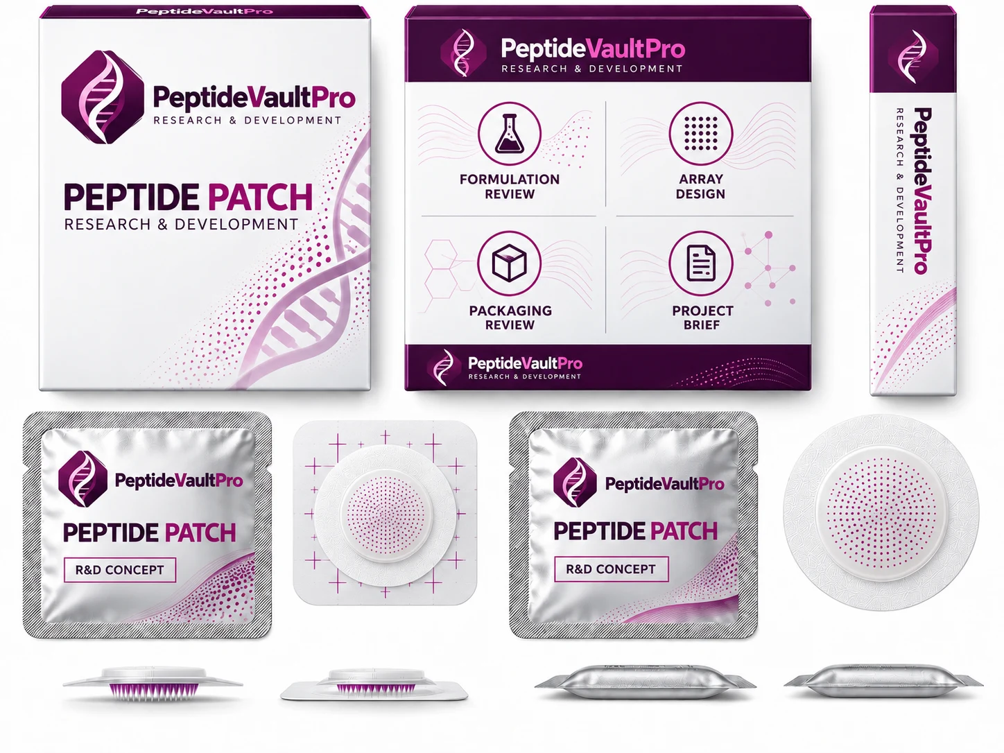 Peptide patch R&D packaging concept; no dosage or human-use directions are implied.