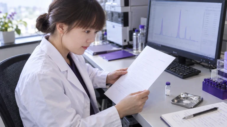 Reading a peptide certificate of analysis — editorial illustration